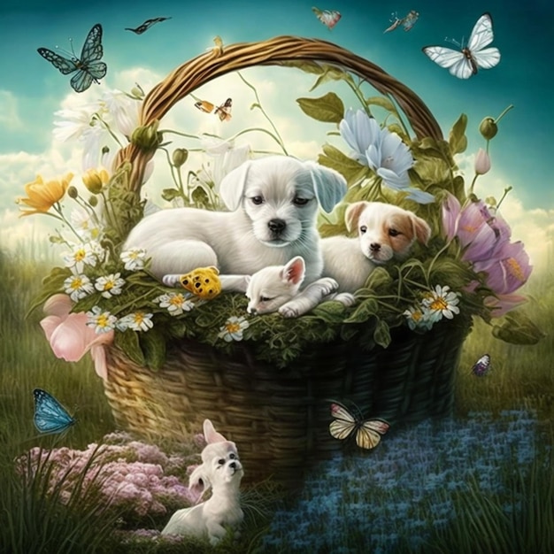 a painting of three puppies in a basket with butterflies generative ai