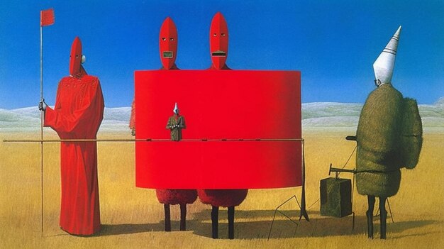 A painting of three red robots and one of them is titled'the red robot '