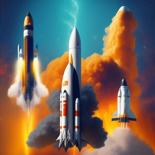 A painting of three rockets with the word space on the bottom