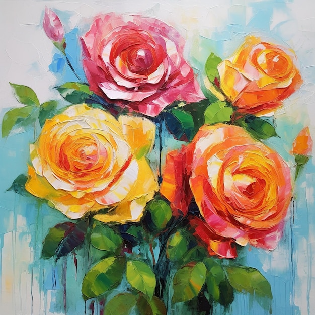 painting of three roses in a vase with green leaves generative ai