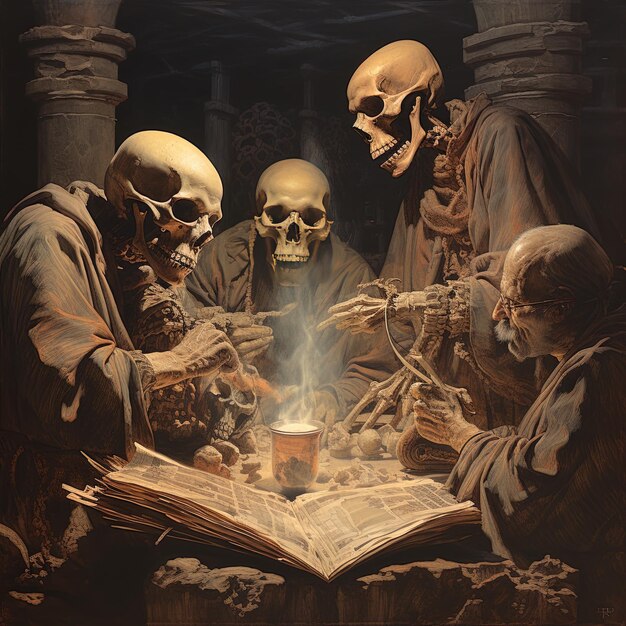 Photo a painting of three skulls reading a book with a man reading a book