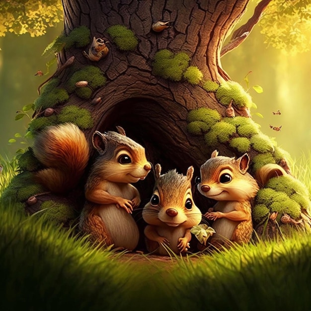 A painting of three squirrels under a tree