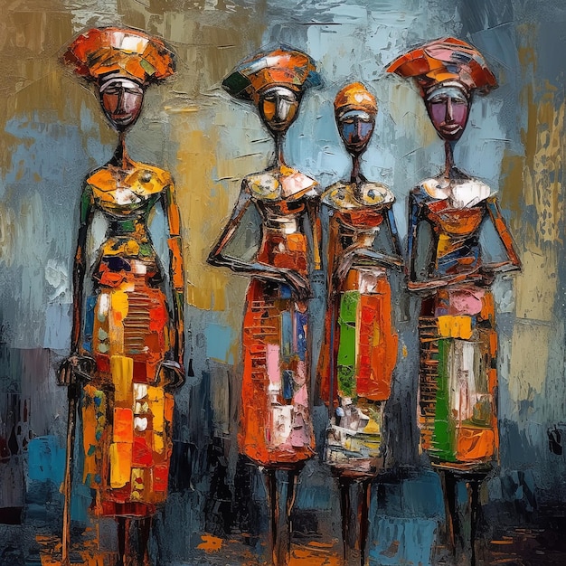 Photo a painting of three statues with different colored outfits