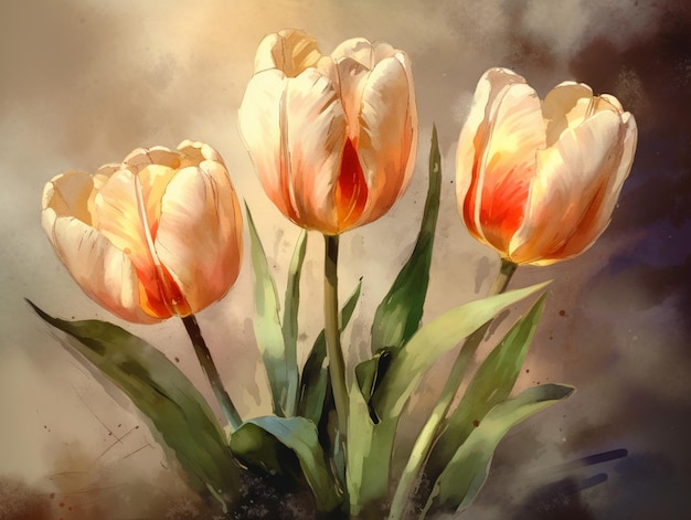 A painting of three tulips with the word tulips on the bottom.
