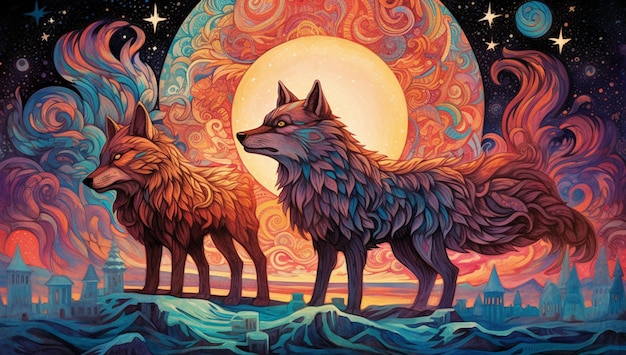 A painting of three wolves with the moon in the background.
