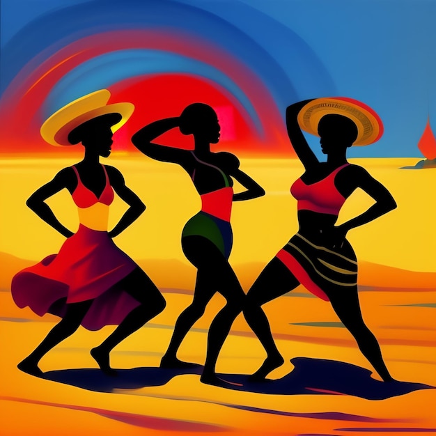 A painting of three women dancing on a beach.