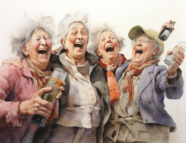 Photo painting of three women laughing and holding up a bottle of wine generative ai