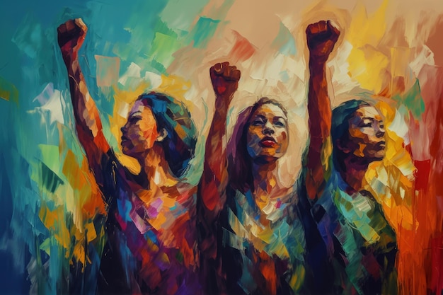 Картина трех женщин, поднимающих руки, генеративный ИИ
