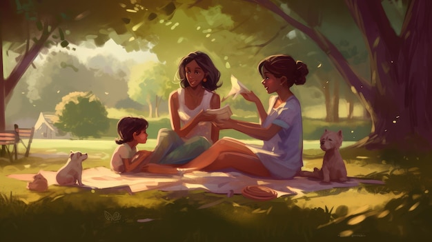 A painting of three women reading in the park