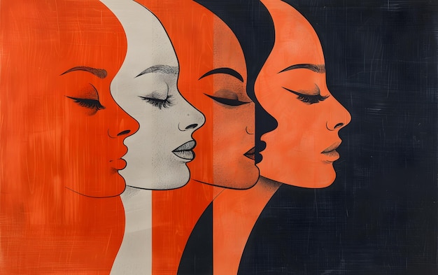 A painting of three women s faces with their eyes closed