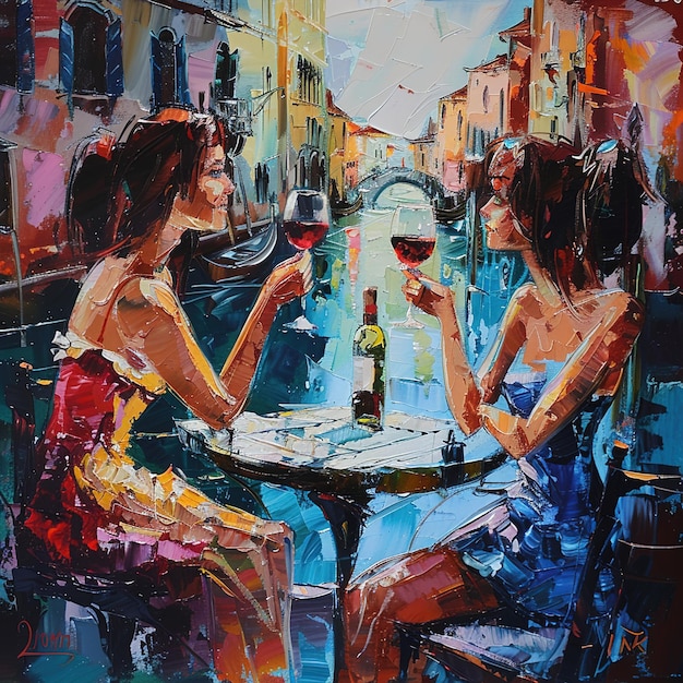 a painting of three women sitting at a table with a glass of wine