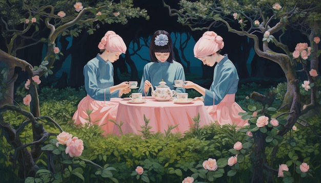 ピンクのテーブルクロースで茶を飲みながらテーブルに座っている3人の女性の絵画