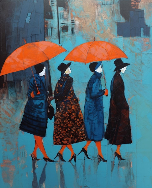 painting of three women walking in the rain with umbrellas generative ai