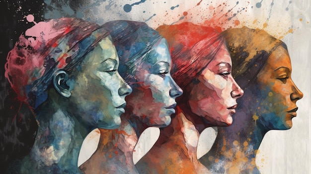 A painting of three women with different colors and one of them has a blue background.