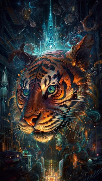 Photo painting of a tiger in a city with a glowing city in the background generative ai