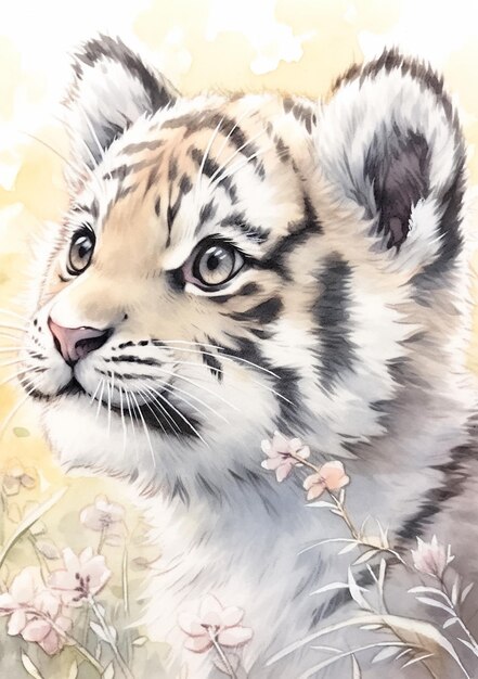 Painting of a tiger cub in a field of flowers generative ai