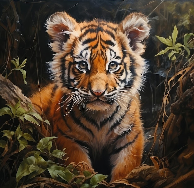 Painting of a tiger cub in the forest