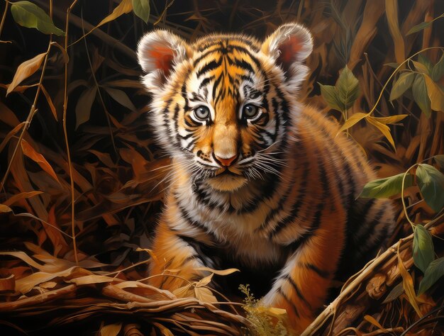 Painting of a tiger cub in the forest