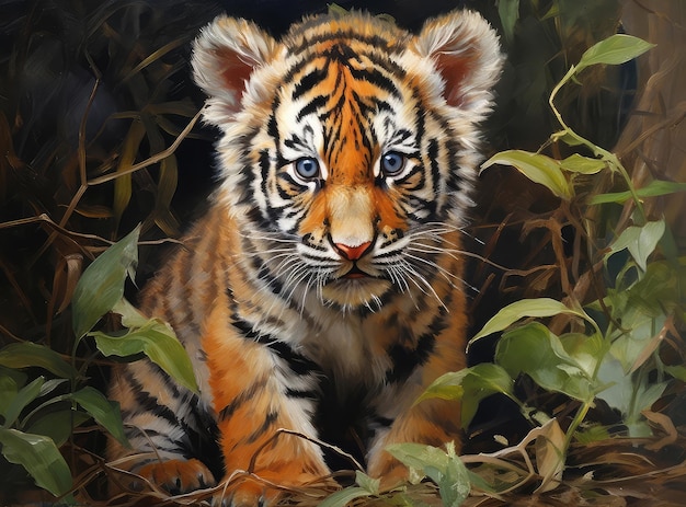 Painting of a tiger cub in the forest