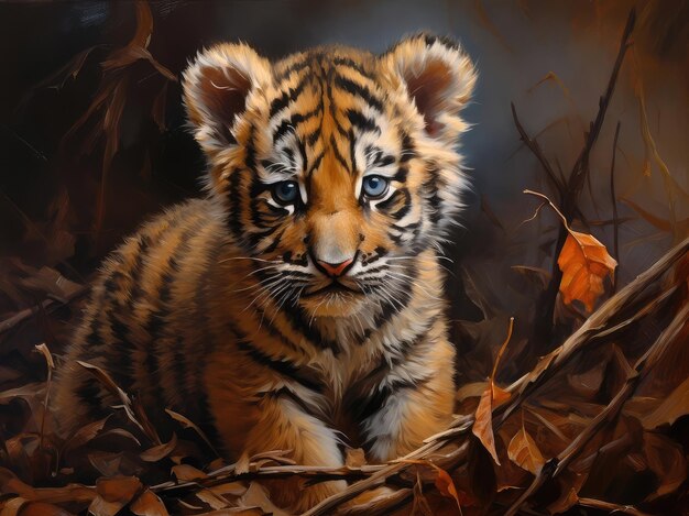 Painting of a tiger cub in the forest