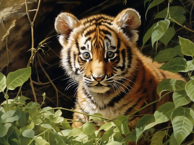 Painting of a tiger cub in the forest