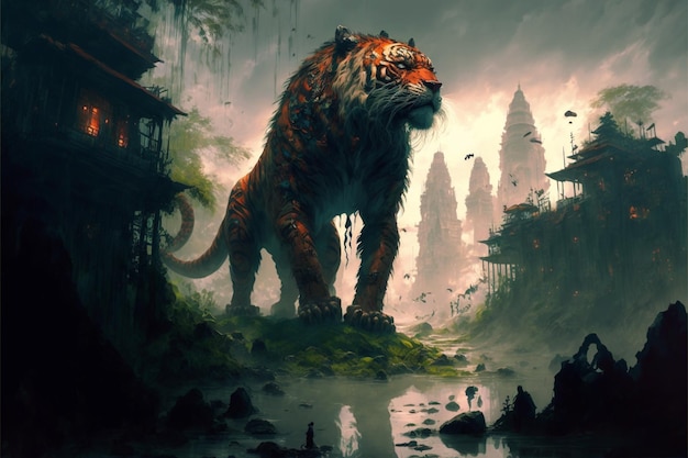 Painting of a tiger in forest with the background generative ai