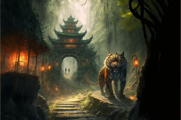 Painting of a tiger in forest with the background generative ai