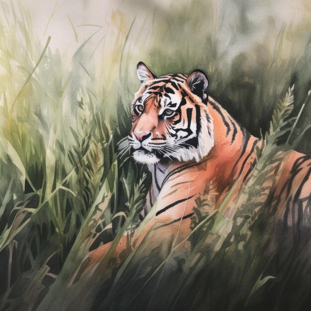 A painting of a tiger sitting in the grass generative ai image