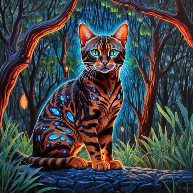 A painting of a tiger sitting on a log in the woods