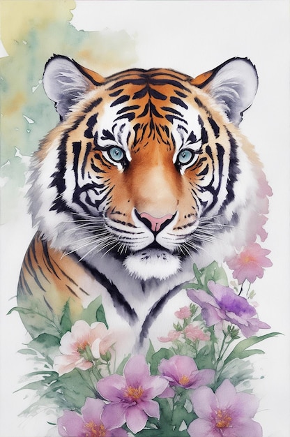 A painting of a tiger surrounded by flowers an airbrush painting