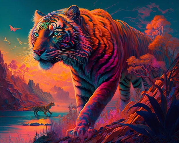 Painting of a tiger walking across a river with a bird flying in the background generative ai