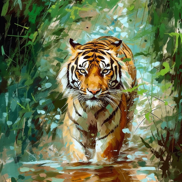 Painting of a tiger walking through a stream of water generative ai