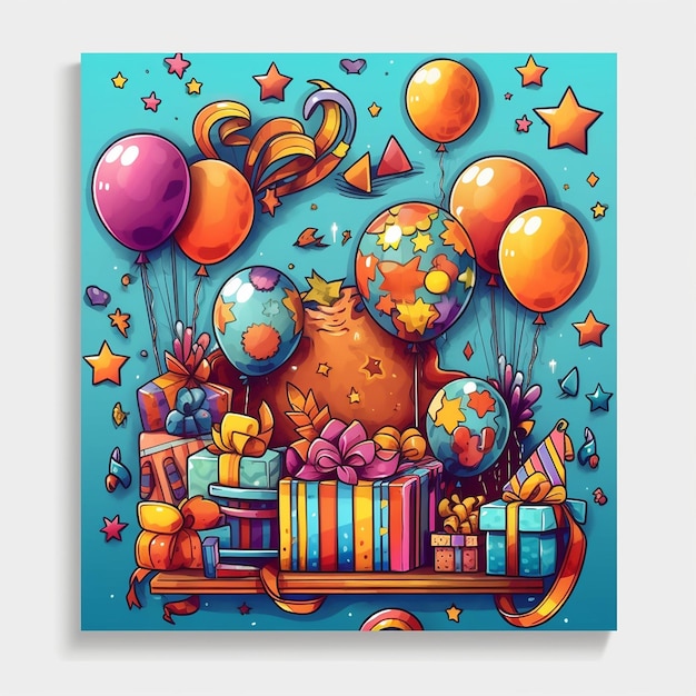 Картина тигра с воздушными шарами и коробкой воздушных шаров.