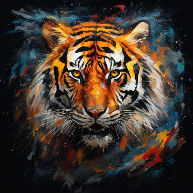 painting of a tiger with a black background and a red and yellow stripe generative ai