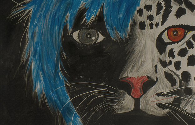 a painting of a tiger with a blue and white face