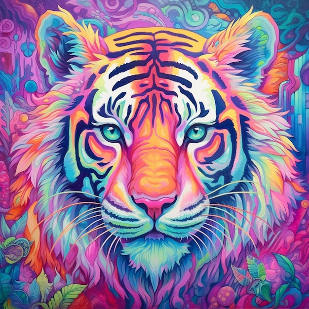 Painting of a tiger with a colorful background generative ai