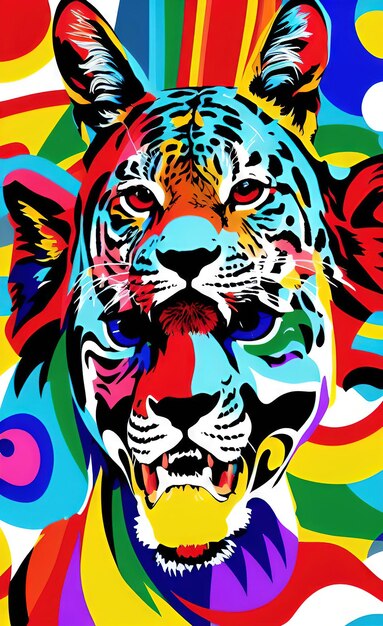 A painting of a tiger with a colorful background