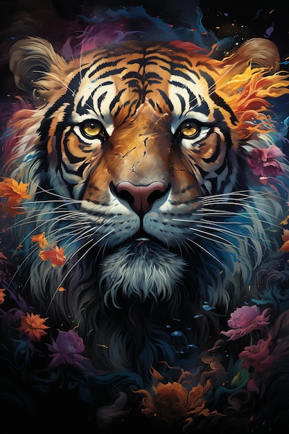 painting of a tiger with a colorful face and a black background generative ai