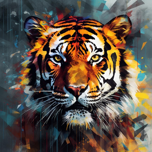 painting of a tiger with a colorful face on a black background generative ai