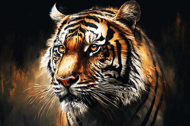 A painting of a tiger with the face of the tiger on the left.