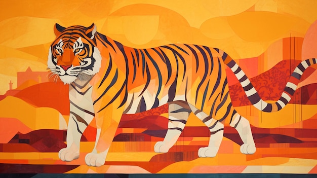 A painting of a tiger with the face of the tiger on the left.