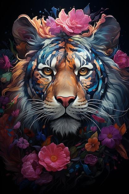 painting of a tiger with a floral crown on its head generative ai