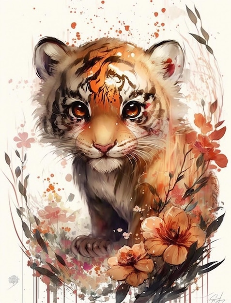 A painting of a tiger with flowers and the words tiger on it