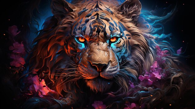 Photo painting of a tiger with glowing eyes and flowers in the background generative ai