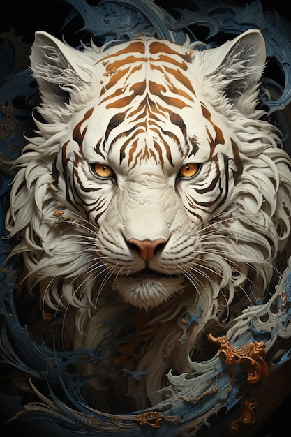 painting of a tiger with a golden eye and a blue background generative ai