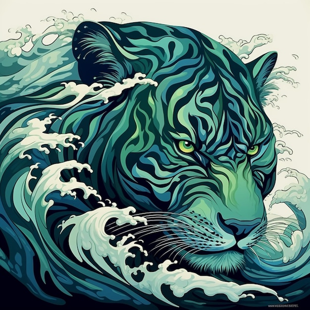 Painting of a tiger with green eyes and a wave in the background generative ai