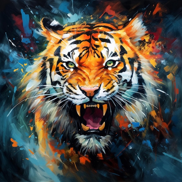 painting of a tiger with its mouth open and its mouth wide open generative ai