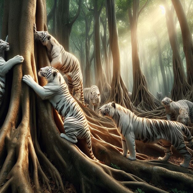 a painting of tigers in a forest with sun rays behind them