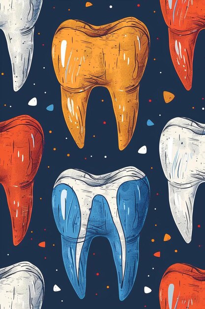 Photo a painting of a tooth with a blue and white top and a red and yellow gum on it