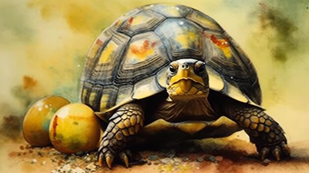 Photo a painting of a tortoise with a peach on it